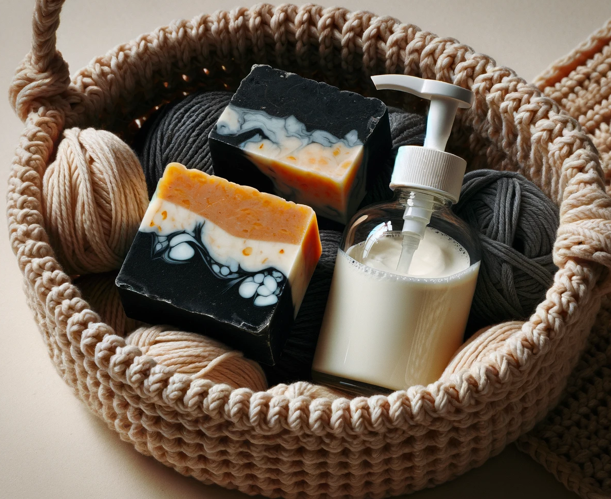 A basket showcasing 2 soaps and a cream dispenser, decorated with yarn.