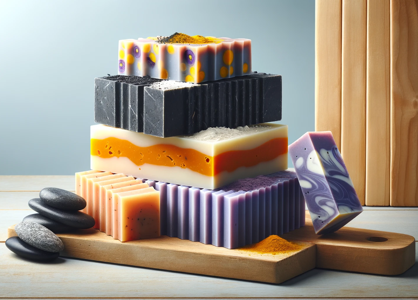 Soap bars stacked on top of eachother on a cutting board, and decorated with pebbles.